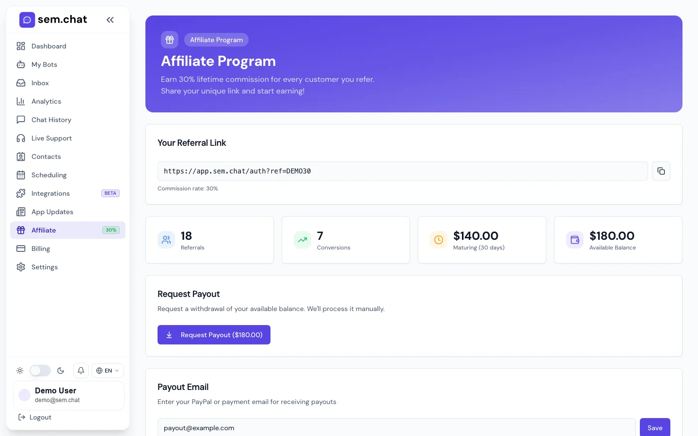 Real sem.chat demo workspace screenshot of Affiliate