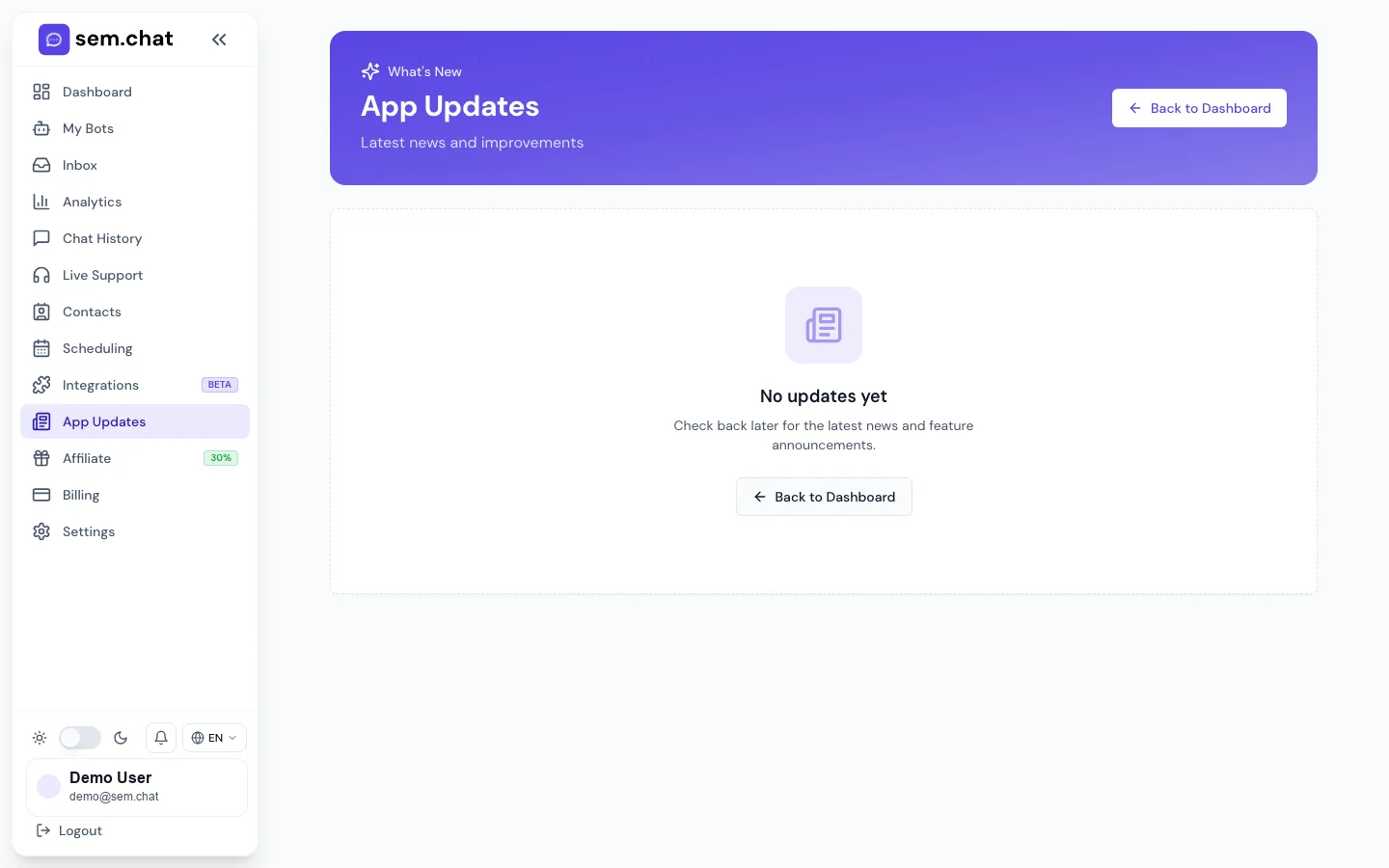 Real sem.chat demo workspace screenshot of App Updates