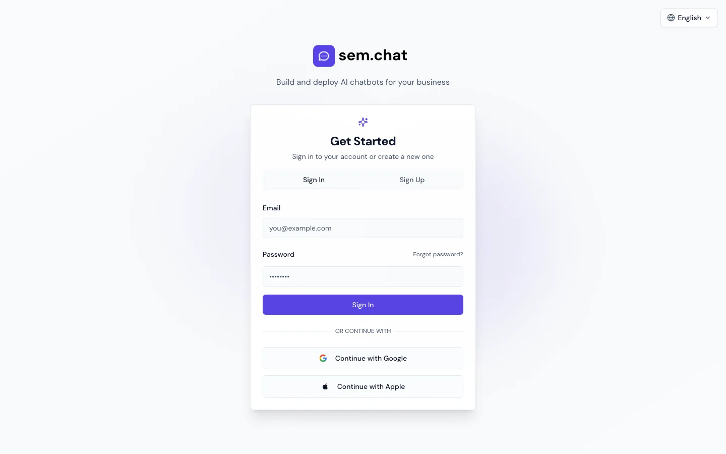 Real sem.chat demo workspace screenshot for Signup and onboarding