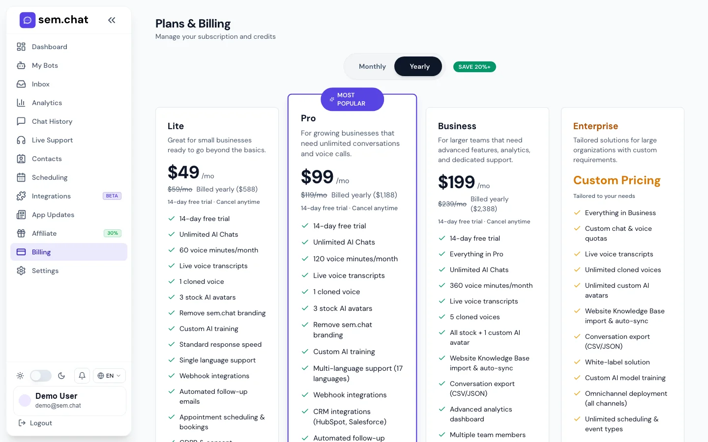 Real sem.chat demo workspace screenshot of Billing