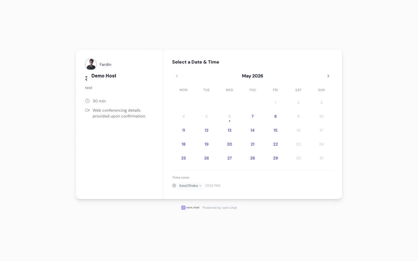 Real sem.chat demo workspace screenshot for Scheduling