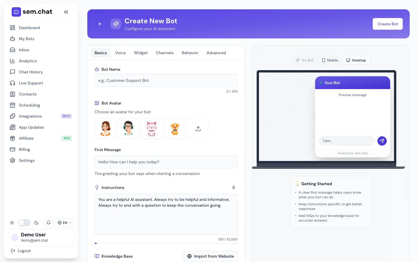 Real sem.chat demo workspace screenshot of Bot Builder basics