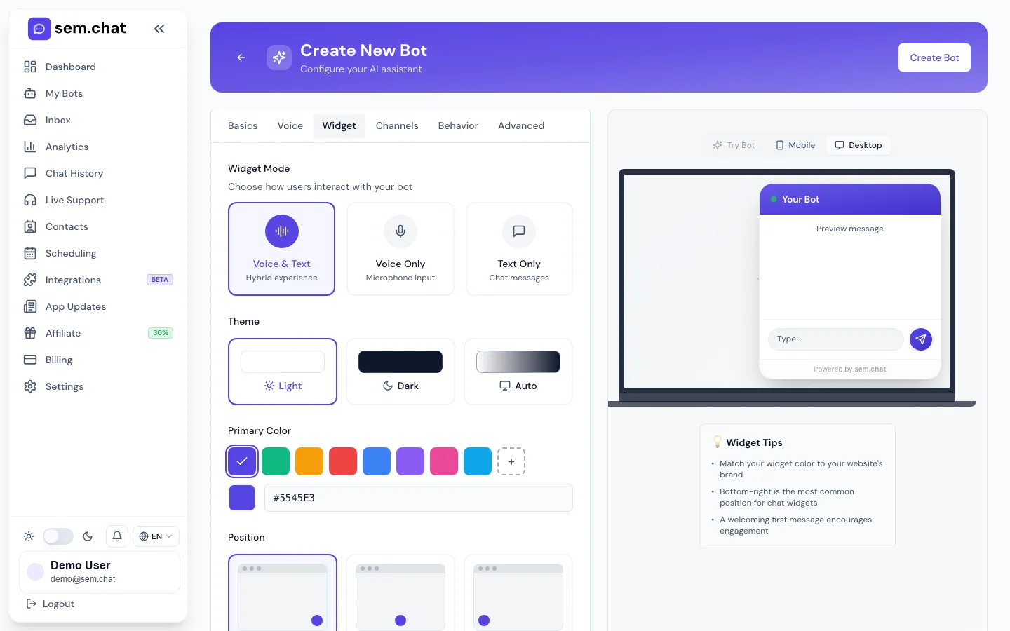 Real sem.chat demo workspace screenshot of widget settings