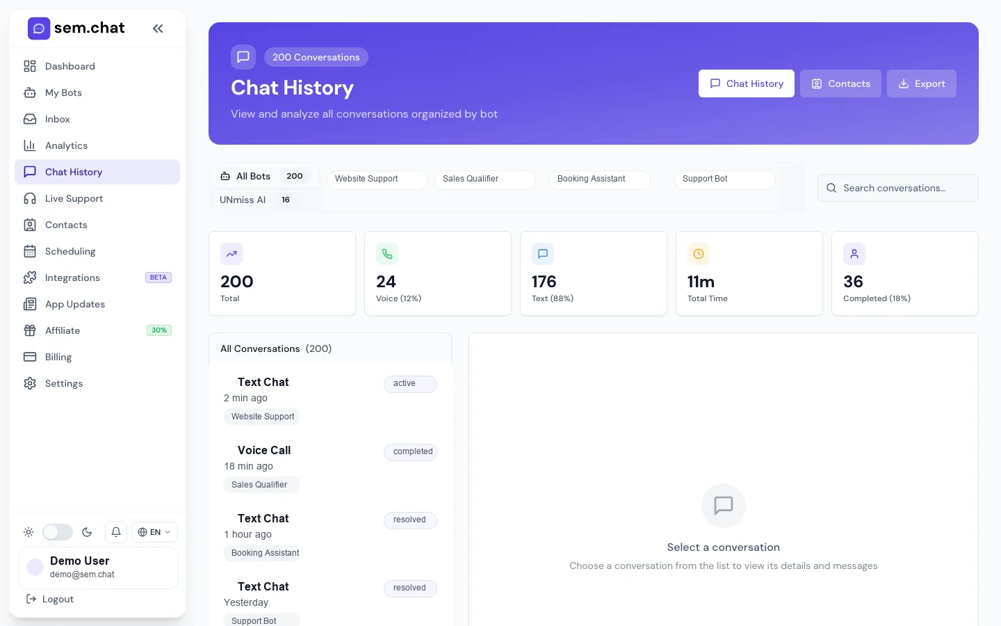 Real sem.chat demo workspace screenshot of chat history