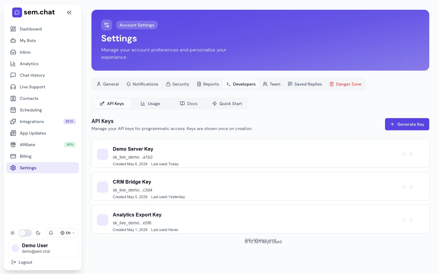 Real sem.chat demo workspace screenshot for Developers