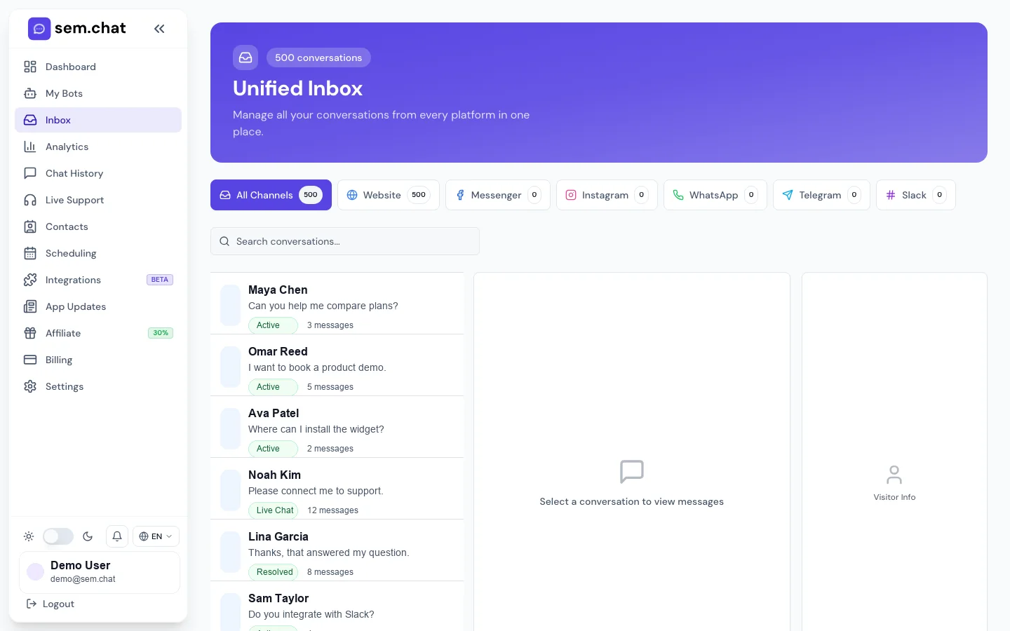 Real sem.chat demo workspace screenshot for Operations