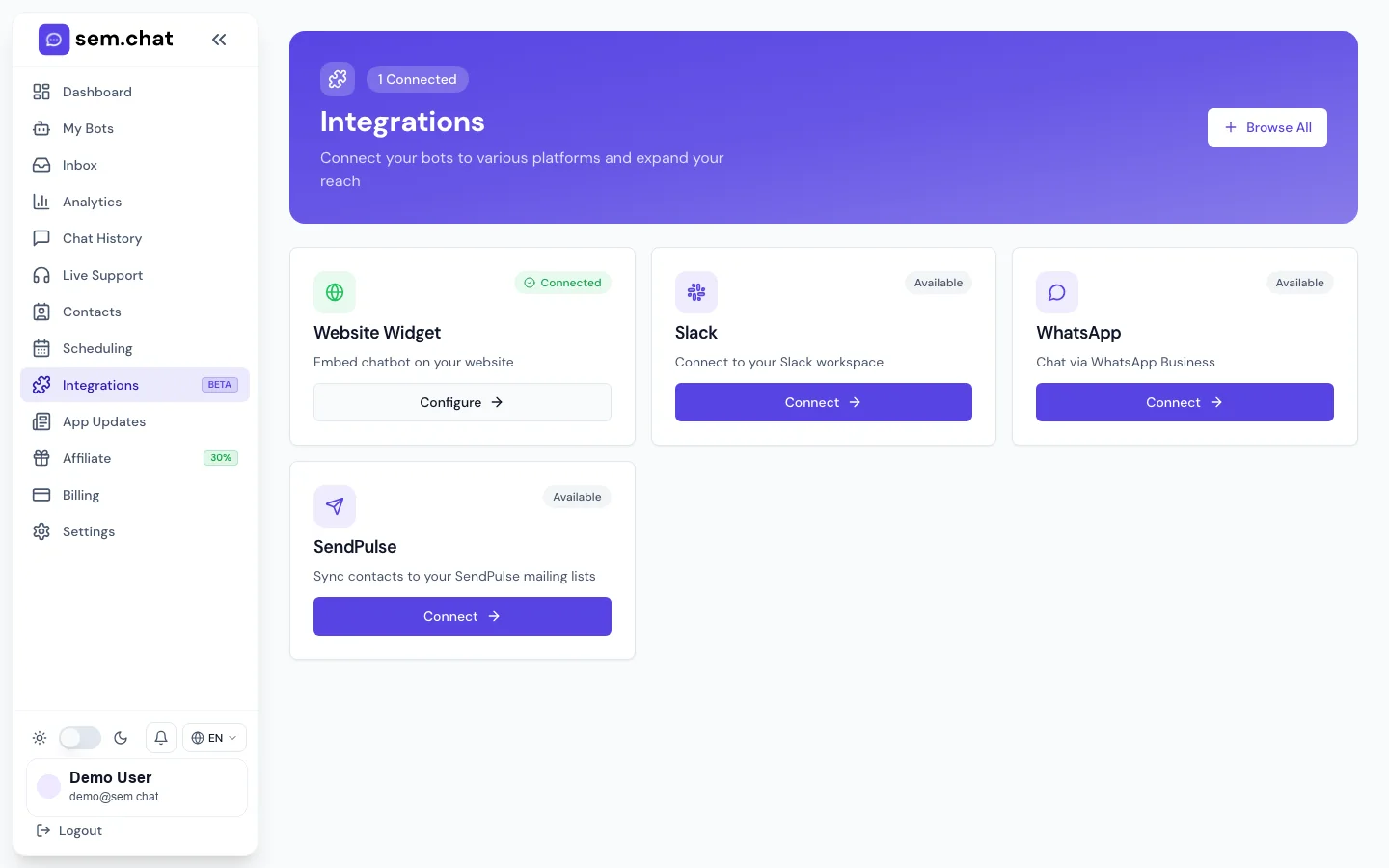 Real sem.chat demo workspace screenshot of Integrations