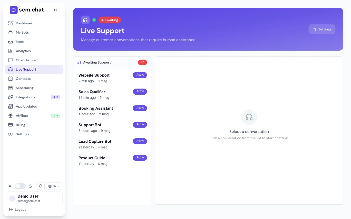 Real sem.chat demo workspace screenshot of Live Support