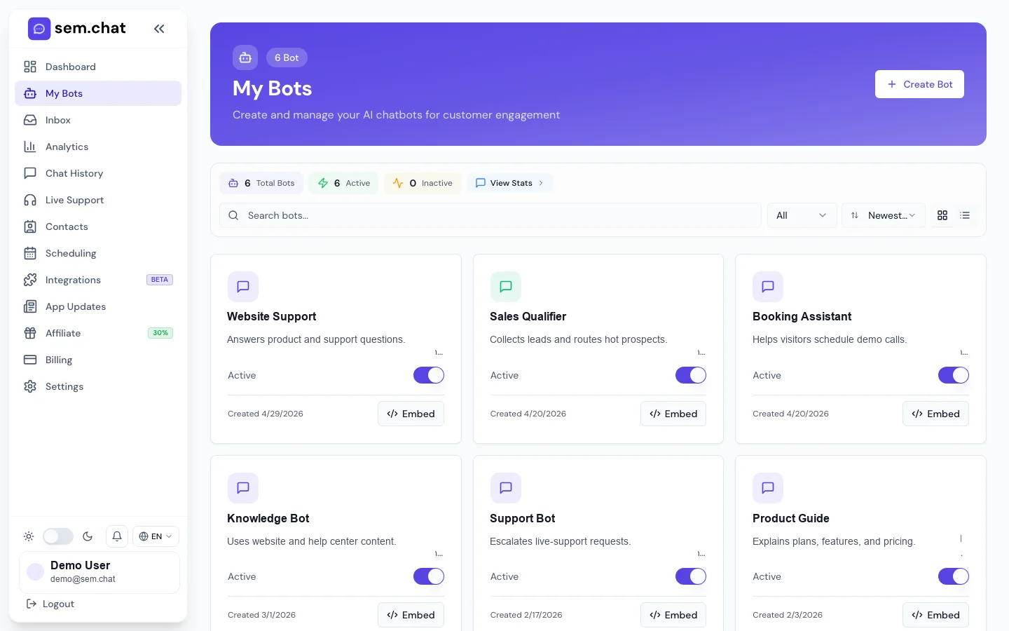 Real sem.chat demo workspace screenshot for Bots and Bot Builder