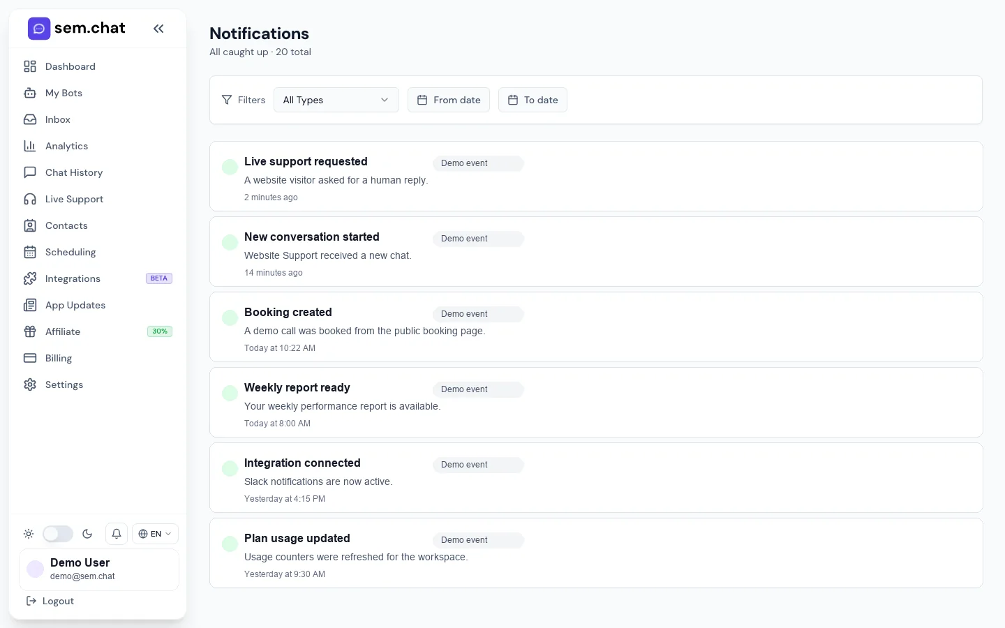 Real sem.chat demo workspace screenshot of Notifications