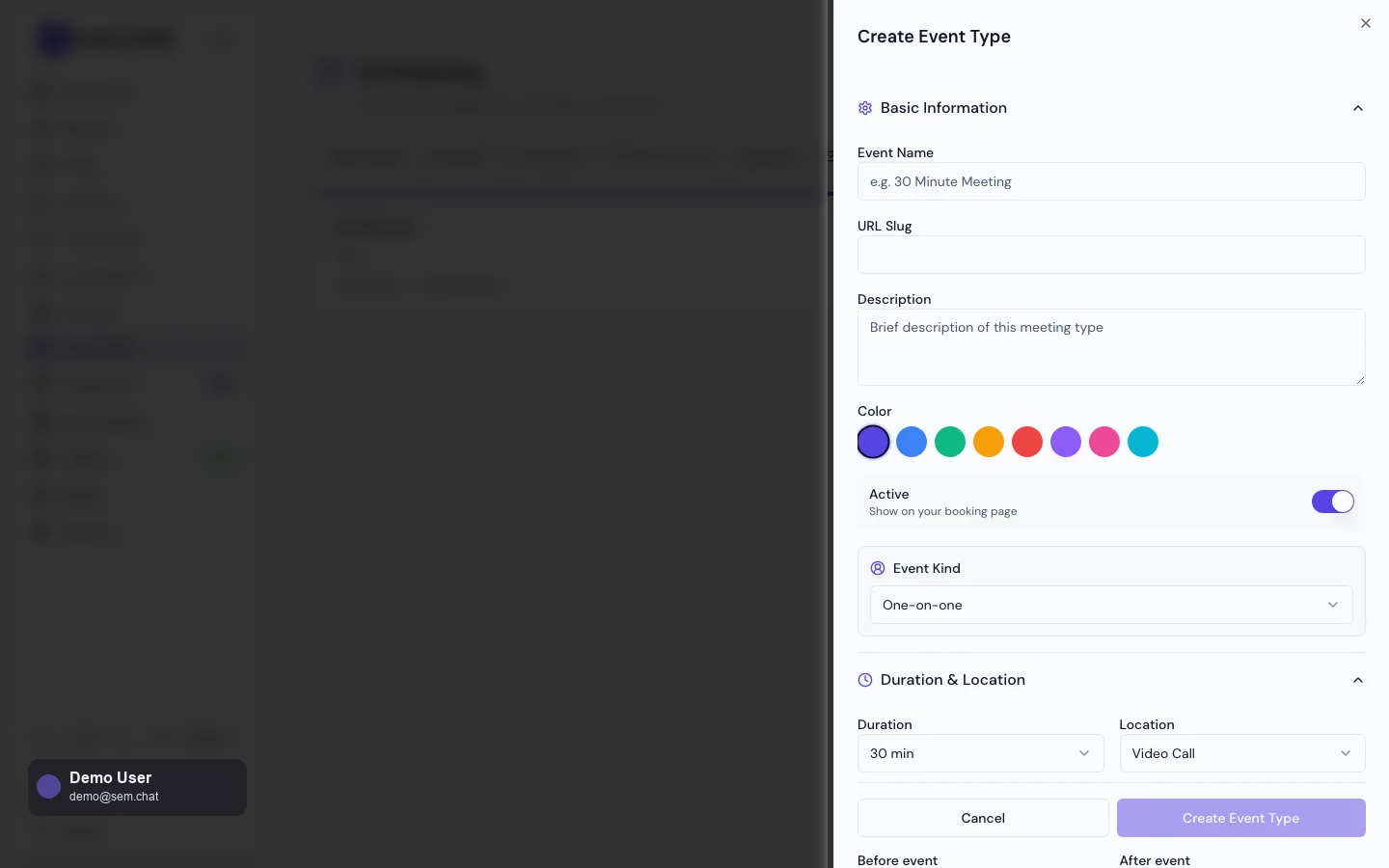 Real sem.chat demo workspace screenshot of scheduling event editor