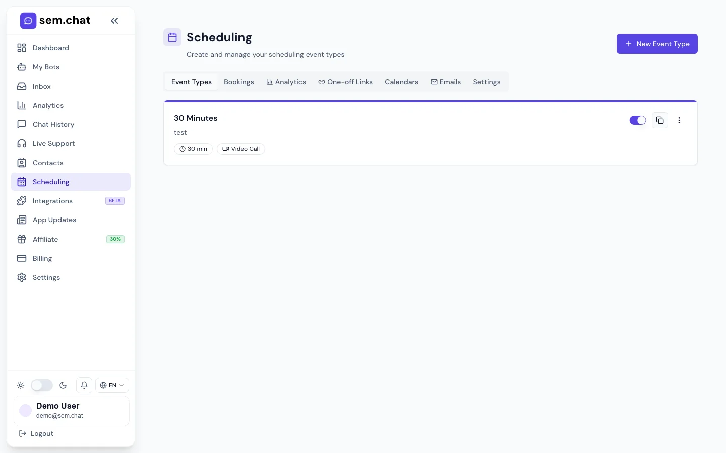 Real sem.chat demo workspace screenshot of Scheduling