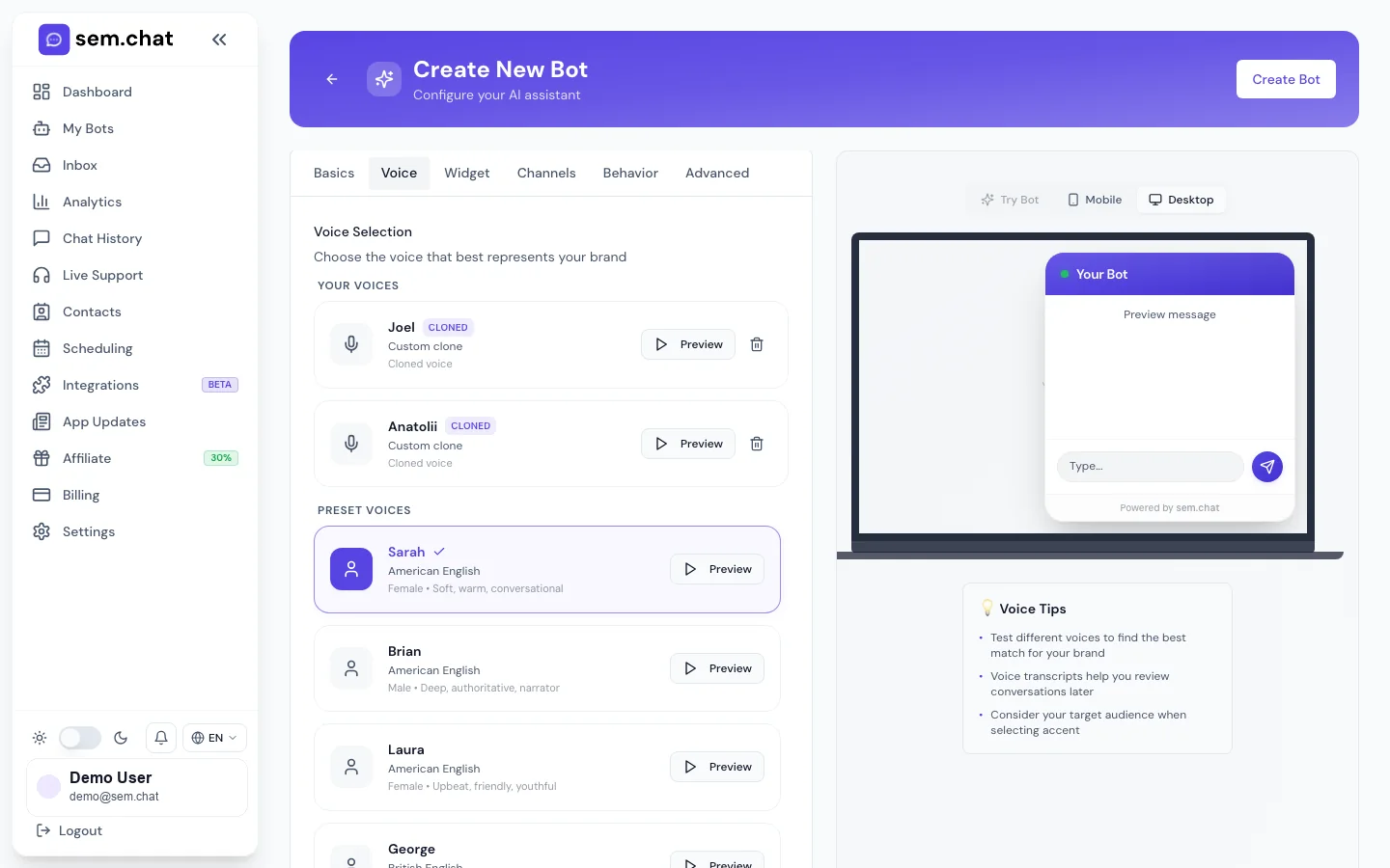 Real sem.chat demo workspace screenshot of voice and avatar settings