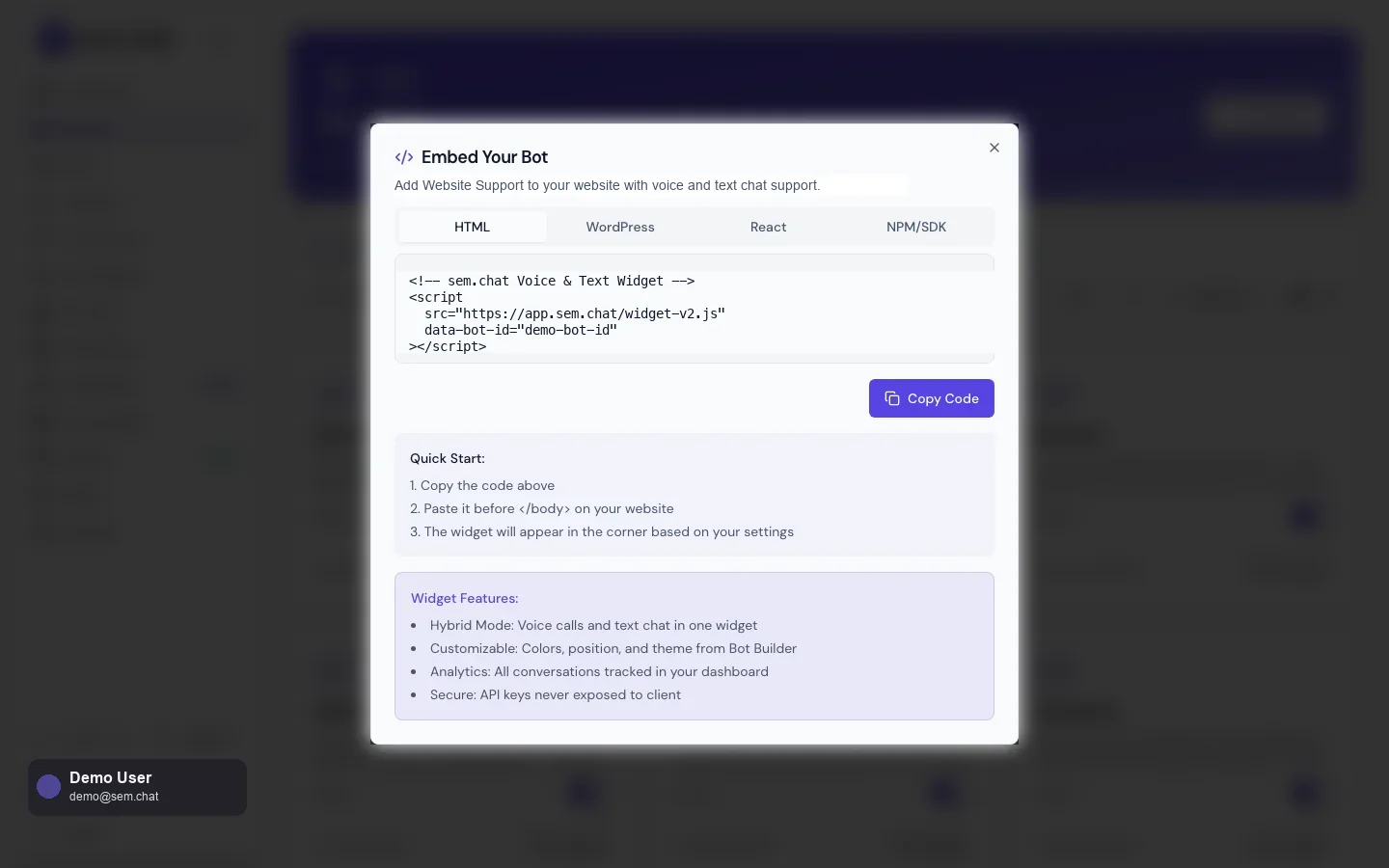 Real sem.chat demo workspace screenshot for Widget installation