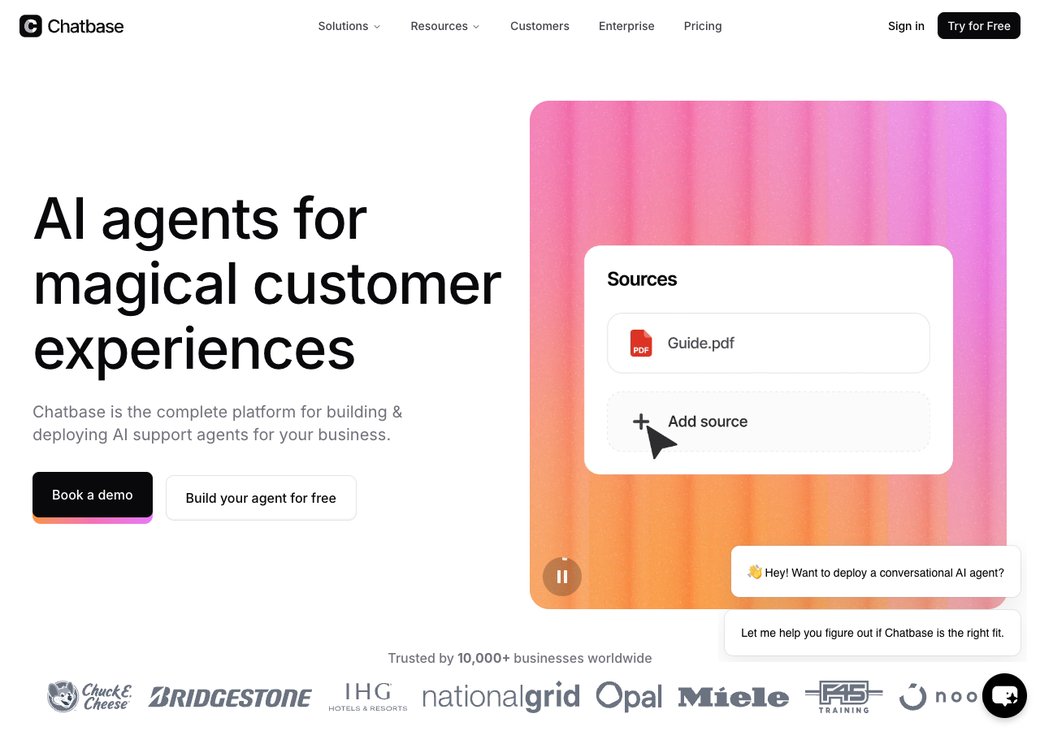 Chatbase homepage showing its no-code AI chatbot builder
