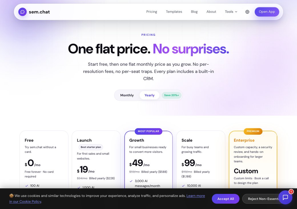 sem.chat pricing page showing flat monthly tiers