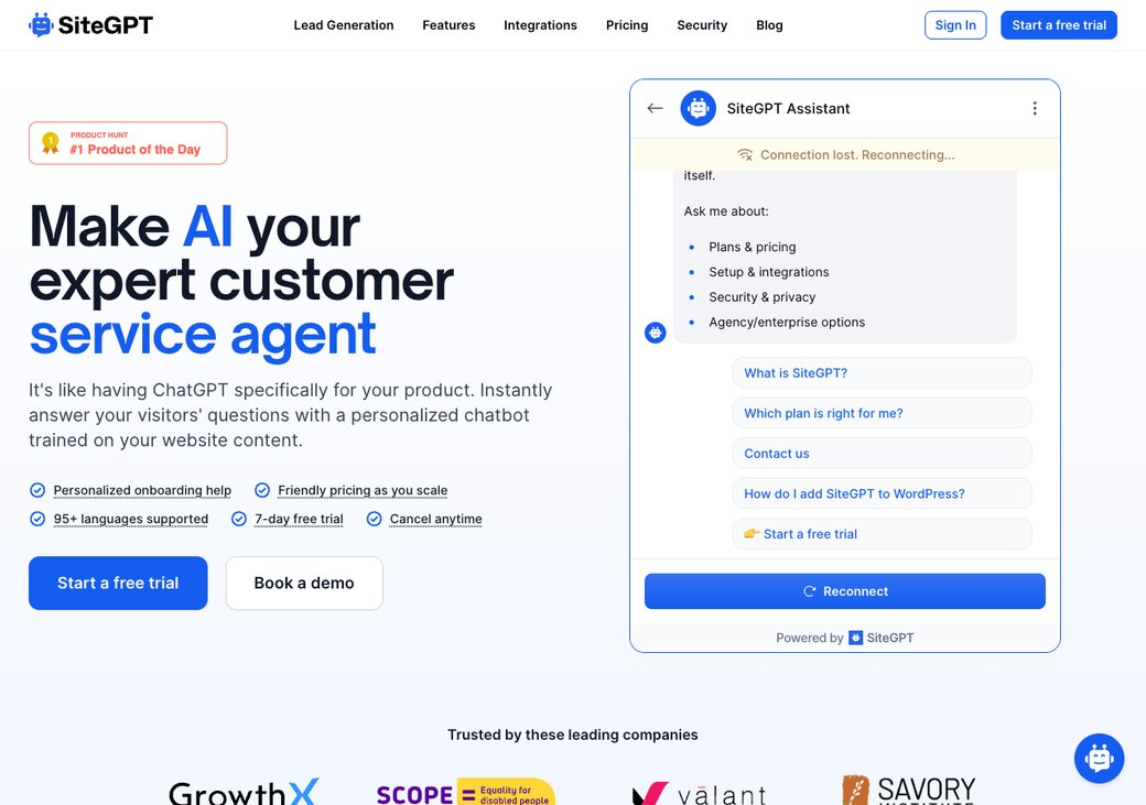 SiteGPT homepage showing a doc-trained chatbot