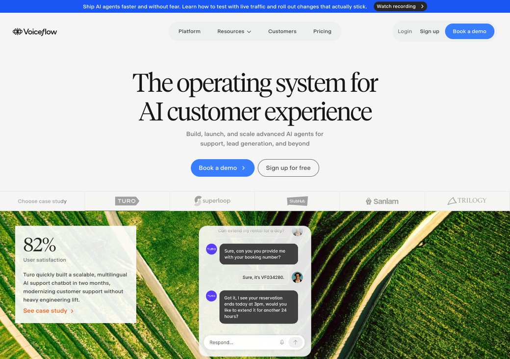 Voiceflow homepage showing its visual conversation builder