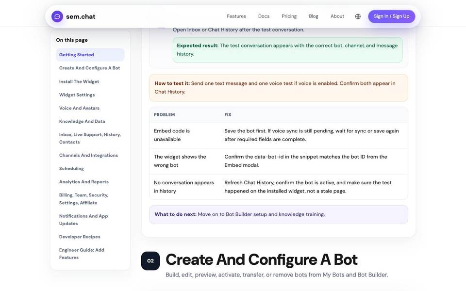 sem.chat bot builder documentation screenshot