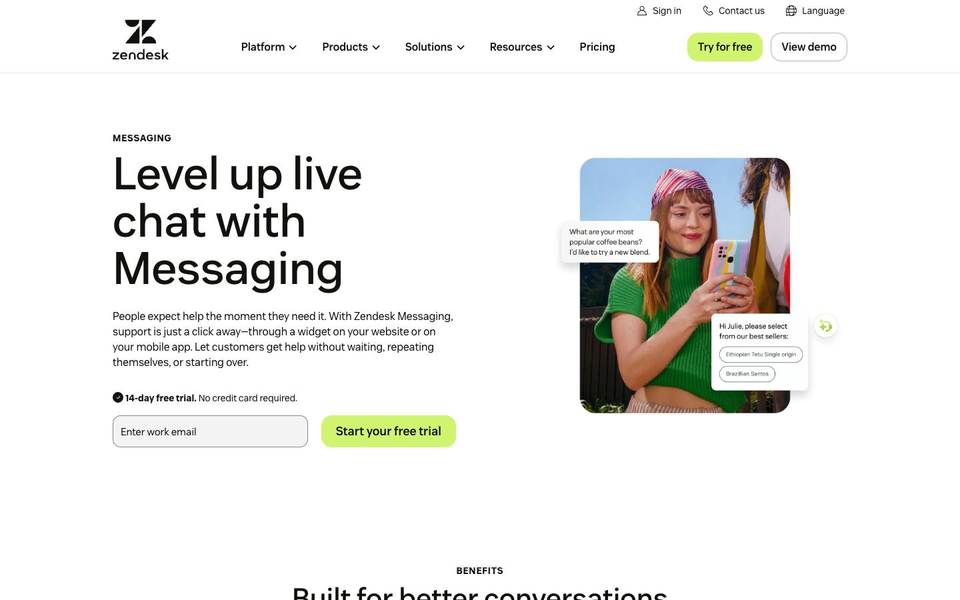 Zendesk messaging page screenshot