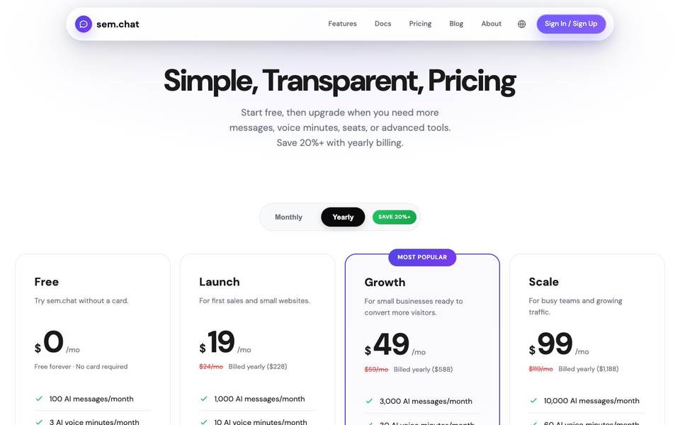 sem.chat pricing screenshot