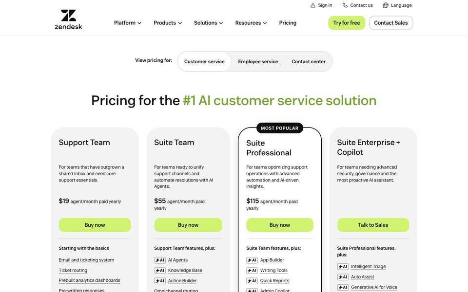 Zendesk pricing screenshot