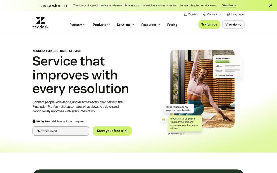 Zendesk service page screenshot