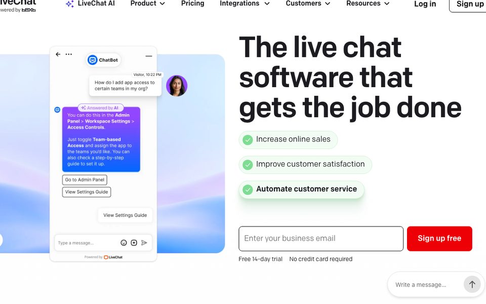 LiveChat homepage, live chat software that gets the job done