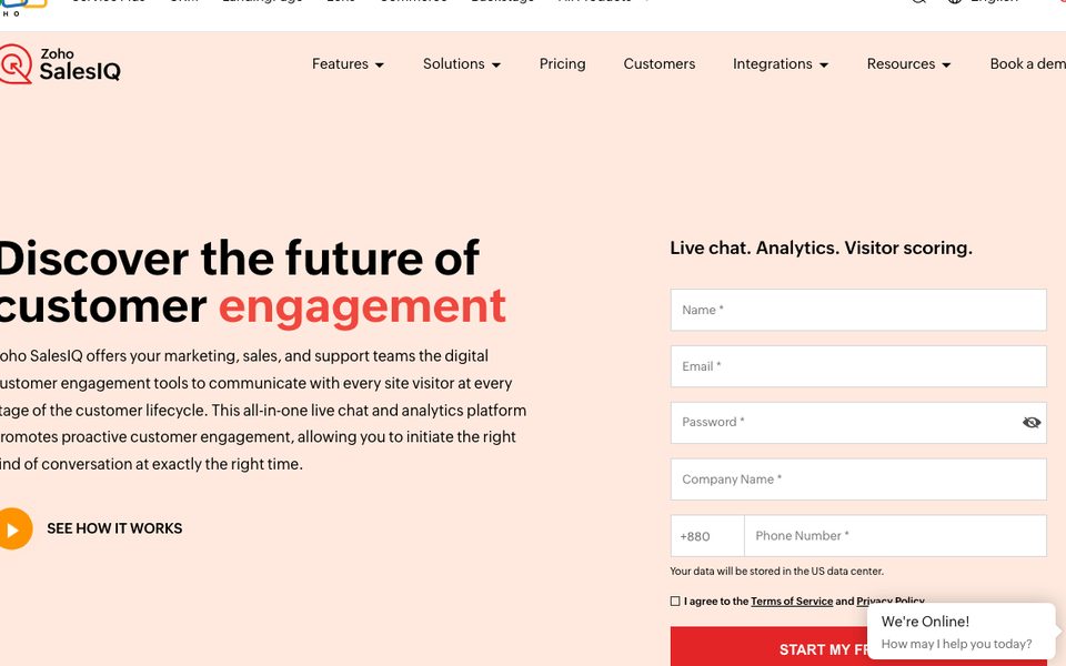 Zoho SalesIQ homepage for live chat and visitor scoring