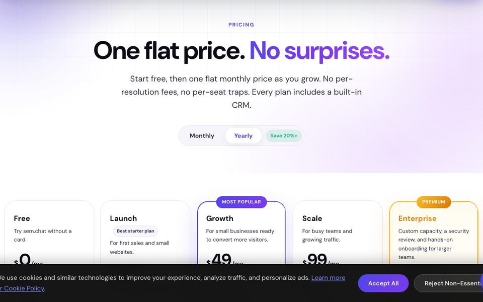 sem.chat pricing page showing flat monthly tiers