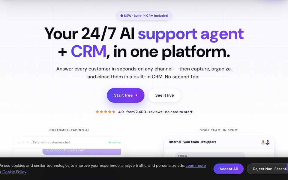 sem.chat homepage showing AI support agent and CRM