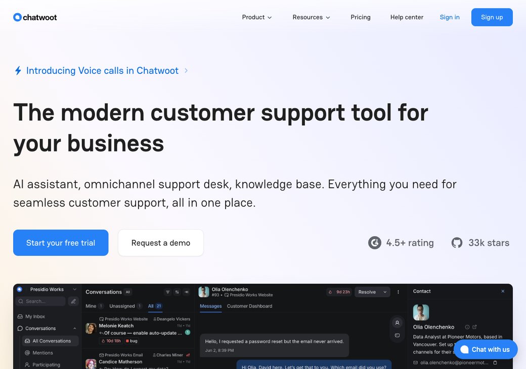 Chatwoot homepage, the open-source customer support platform