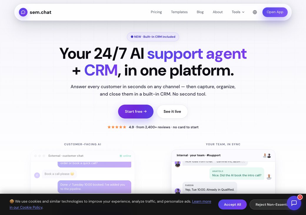 sem.chat homepage showing AI chat and voice agents