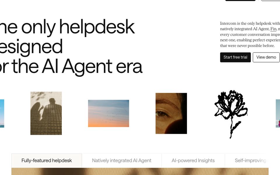 Intercom homepage showing the Fin AI agent