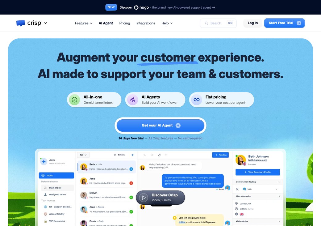 Crisp homepage showing a modern omnichannel inbox