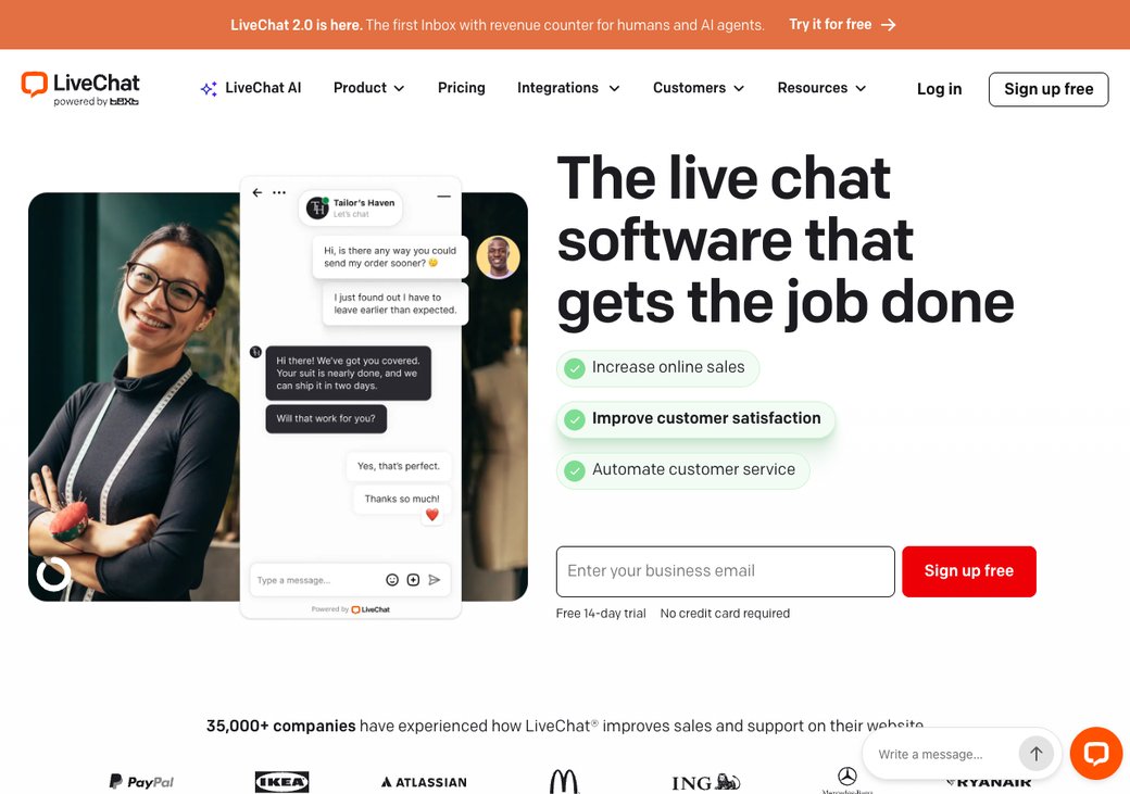 LiveChat homepage showing a polished live chat widget