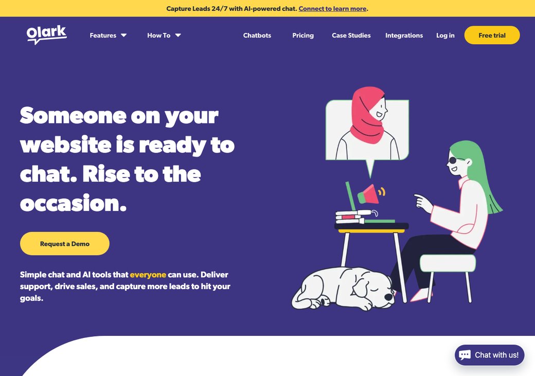 Olark homepage showing a simple live chat widget