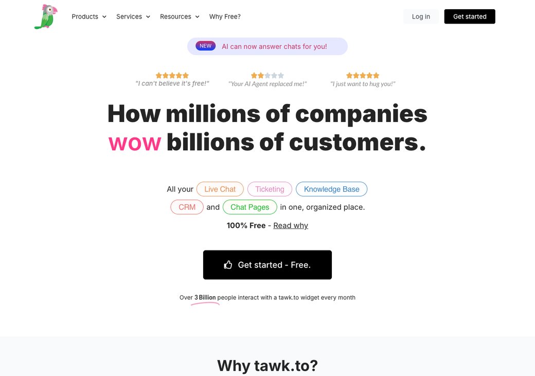 Tawk.to homepage showing free live chat
