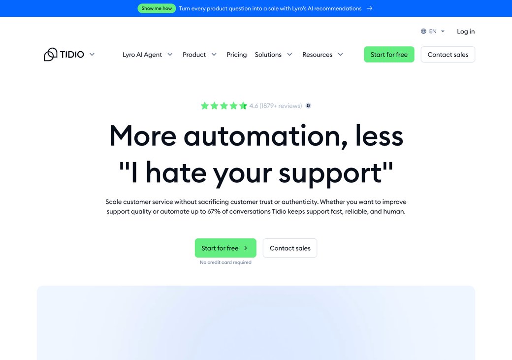 Tidio homepage showing live chat and the Lyro AI agent